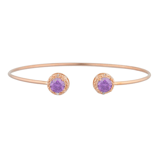 14Kt Rose Gold Plated Amethyst & Diamond Round Bangle Bracelet