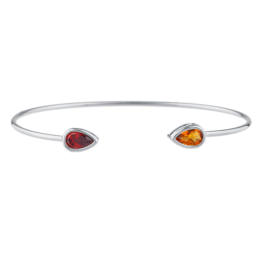 Orange Citrine & Garnet Pear Bezel Bangle Bracelet .925 Sterling Silver