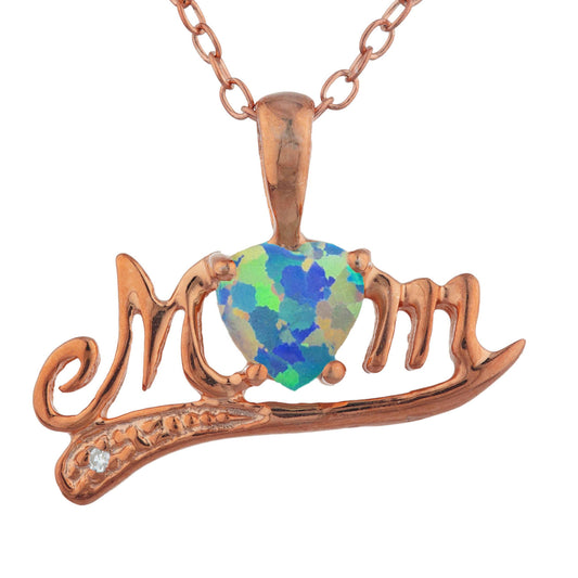 14Kt Rose Gold Plated Black Opal & Diamond Heart Mom Pendant