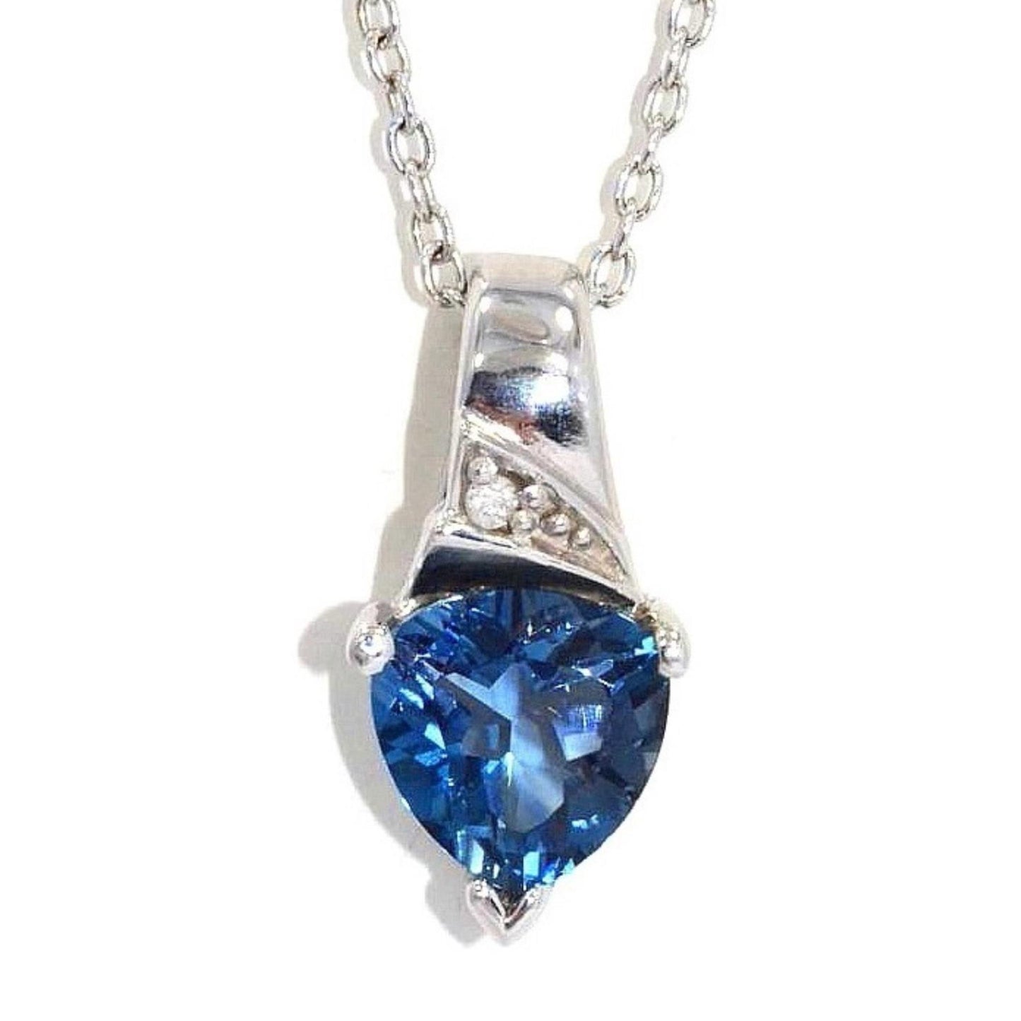 14Kt Gold 1.5 Ct London Blue Topaz & Diamond Trillion Pendant Necklace