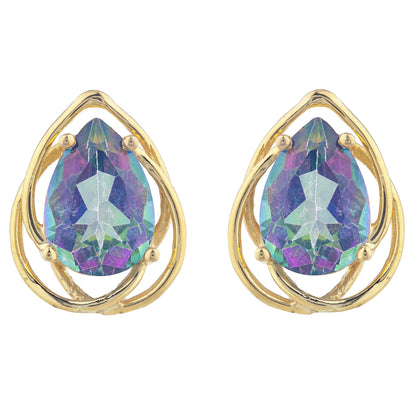 14Kt Yellow Gold Plated Natural Mystic Topaz Pear Teardrop Design Stud Earrings