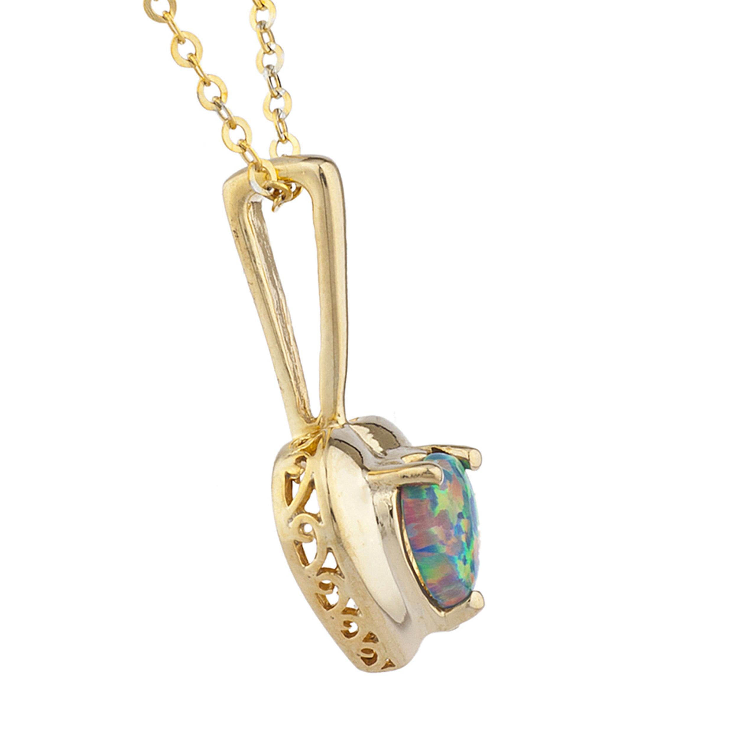 14Kt Gold Black Opal & Diamond Heart Design Pendant Necklace
