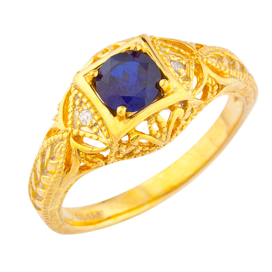 14Kt Gold Blue Sapphire & Diamond Design Round Ring