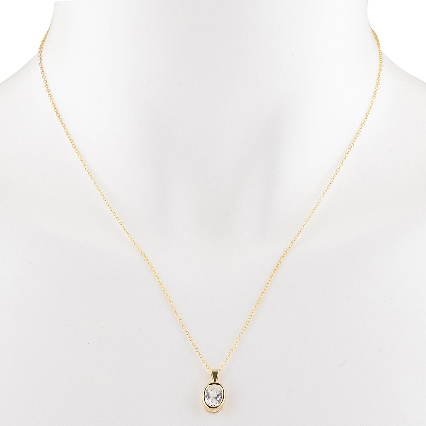 14Kt Gold White Sapphire Oval Bezel Pendant Necklace