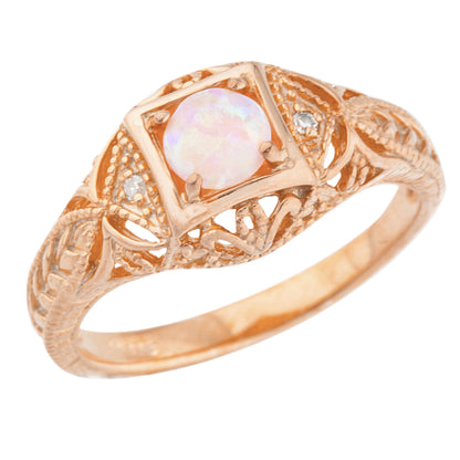 14Kt Gold Pink Opal & Diamond Design Round Ring