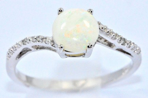 7mm Genuine Opal & Diamond Round Ring .925 Sterling Silver Rhodium Finish