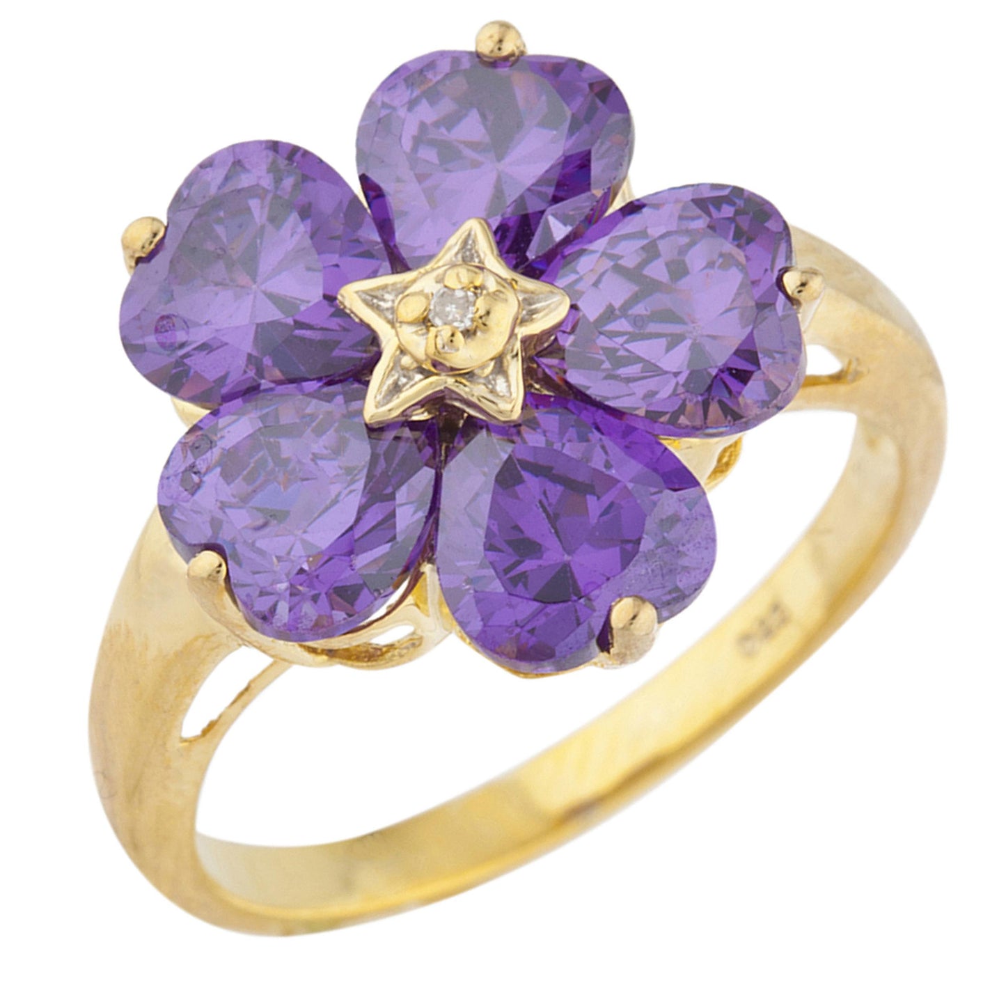 14Kt Gold Amethyst & Diamond Heart Flower Design Ring