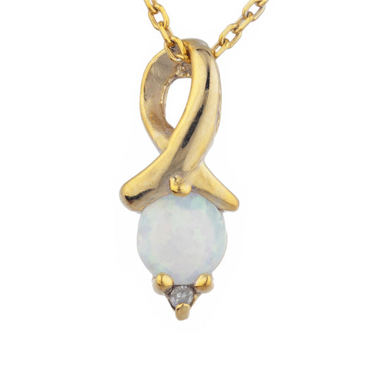 14Kt Gold Genuine Opal & Diamond Round Design Pendant Necklace