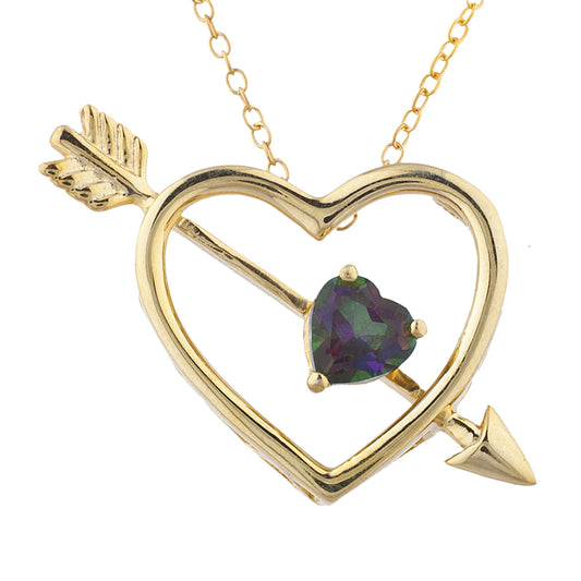 14Kt Yellow Gold Plated Natural Mystic Topaz Heart Bow & Arrow Pendant