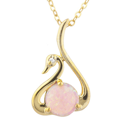 14Kt Yellow Gold Plated Pink Opal & Diamond Swan Pendant