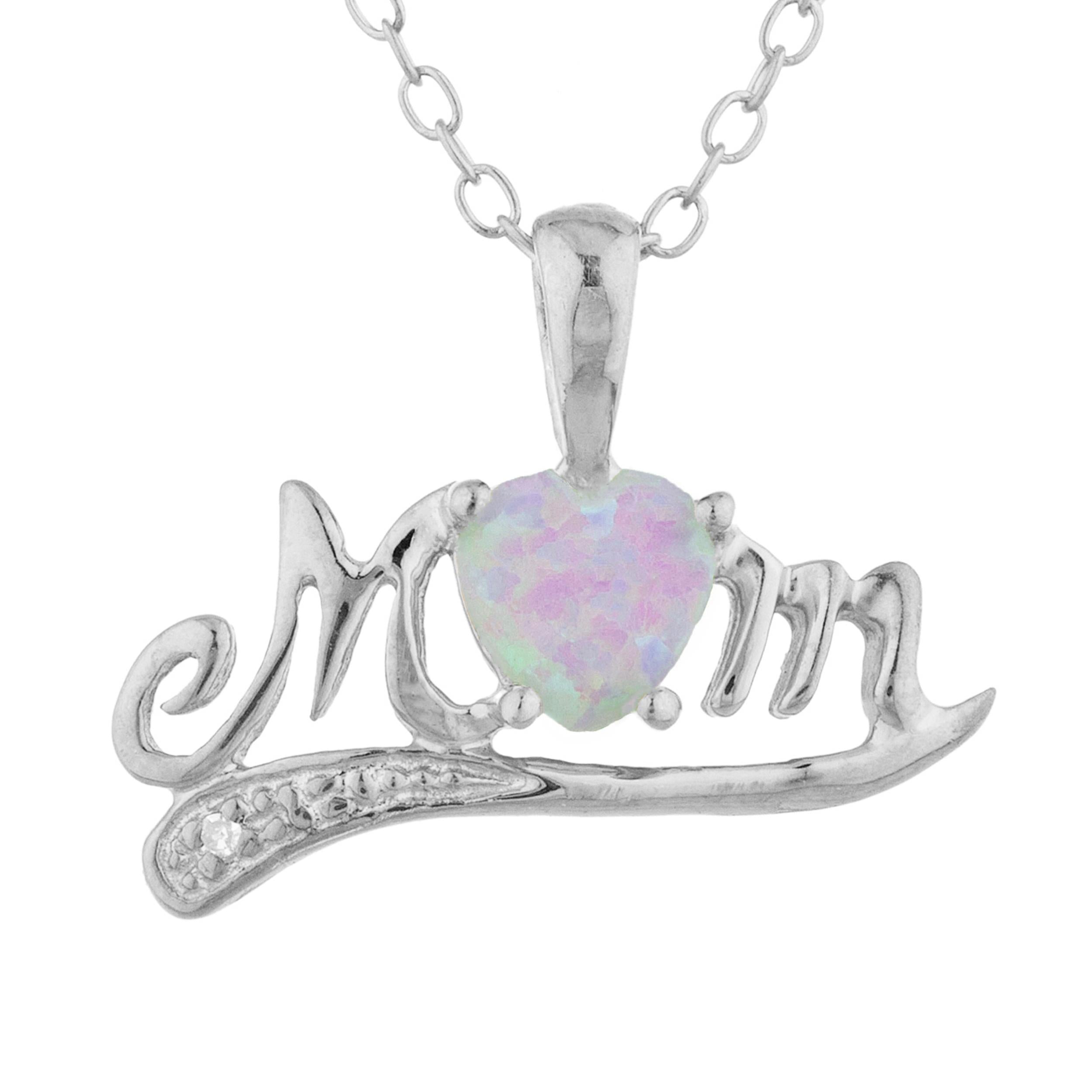 14Kt Gold Pink Opal & Diamond Heart Mom Pendant Necklace