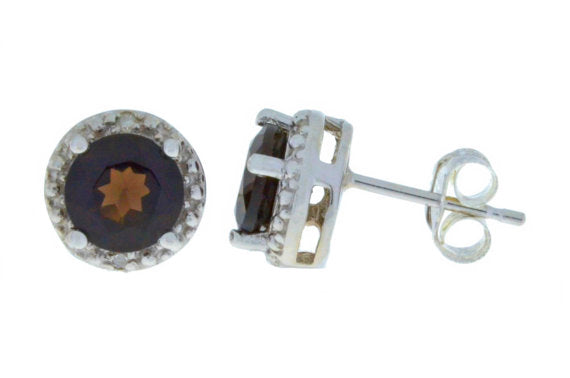 14Kt White Gold Smoky Quartz & Diamond Round Stud Earrings