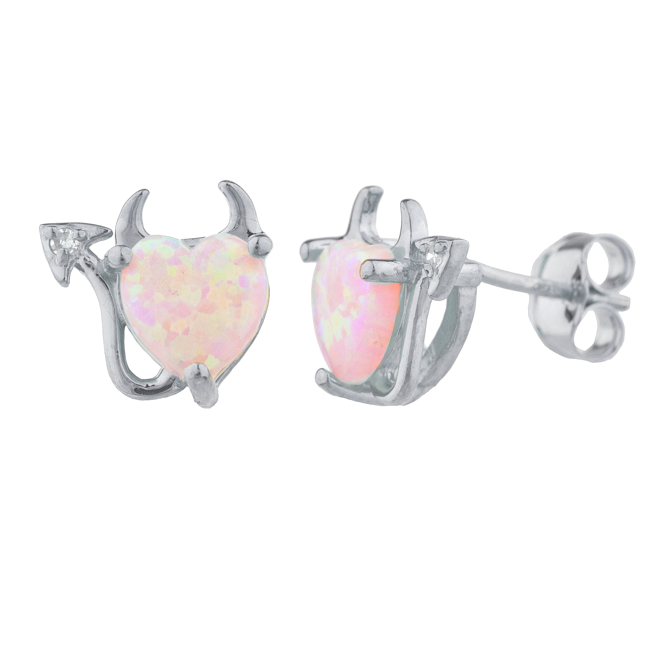 14Kt Gold Pink Opal & Diamond Devil Heart Stud Earrings