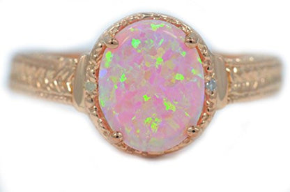 10x8mm Pink Opal & Diamond Oval Ring Sterling Silver 14Kt Rose Gold Plated