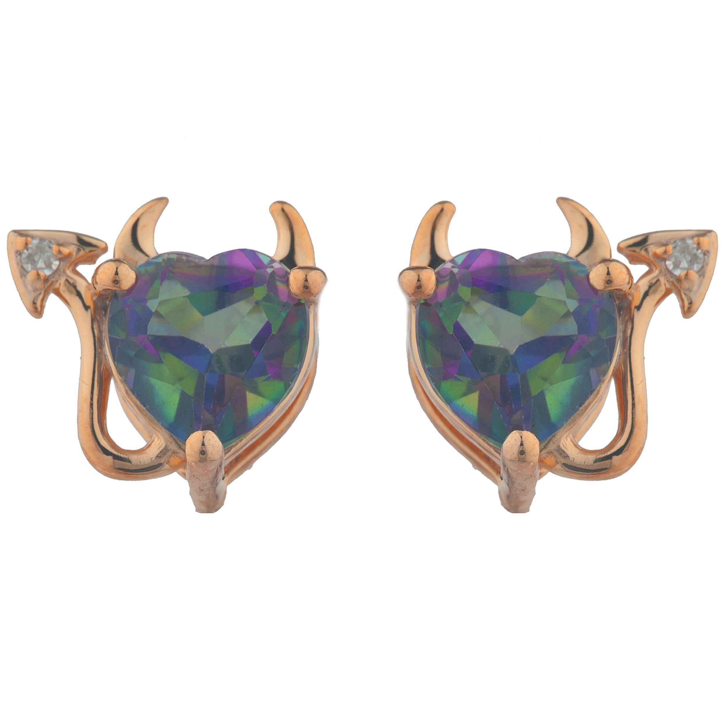 14Kt Gold Natural Mystic Topaz & Diamond Devil Heart Stud Earrings