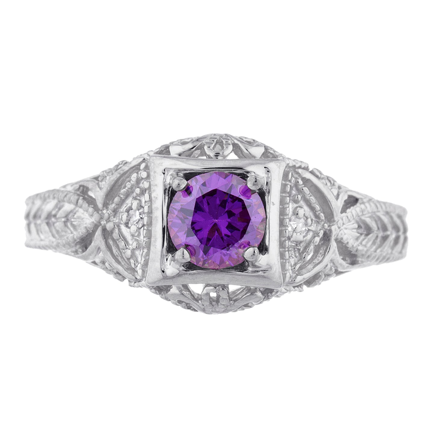 14Kt Gold Amethyst & Diamond Design Round Ring