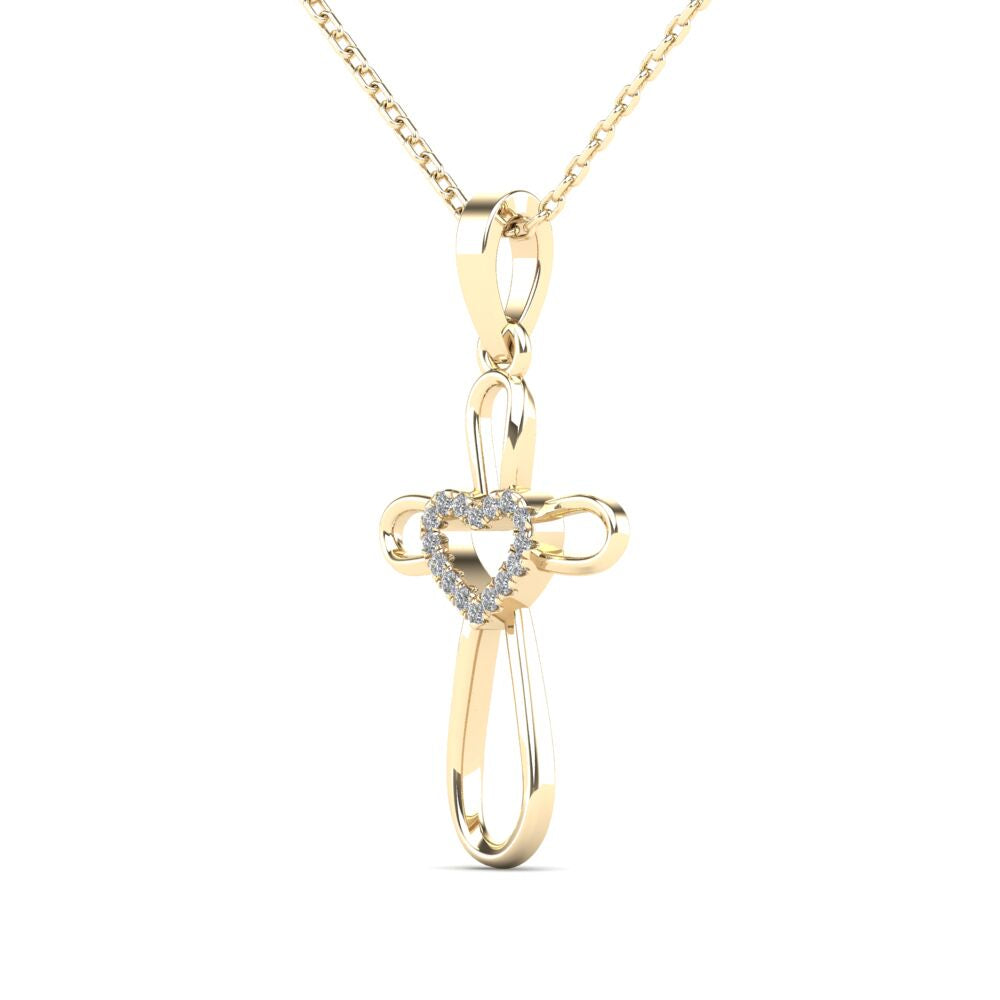 14Kt Yellow Gold Genuine Natural Diamond Cross Heart Pendant Necklace