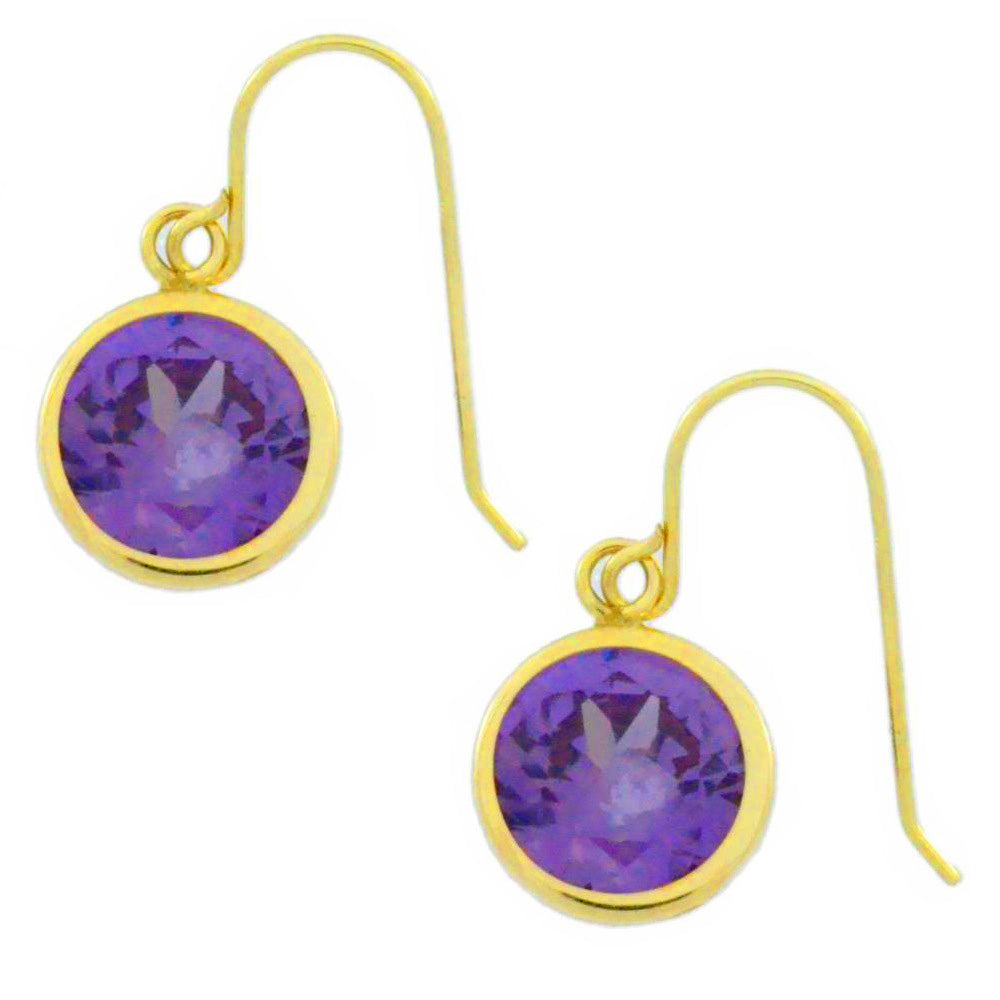 14Kt Yellow Gold Amethyst 6mm Round Bezel Dangle Earrings