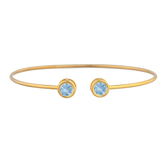 14Kt Yellow Gold Plated Aquamarine Round Bezel Bangle Bracelet