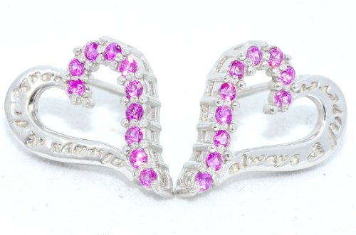 Always & Forever Engraving Pink Sapphire Heart Stud Earrings .925 Sterling Silver