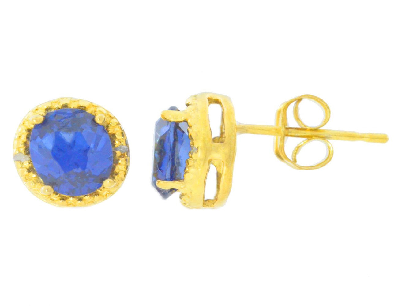 2 Ct Created Blue Sapphire & Diamond Round Stud Earrings 14Kt Yellow Gold