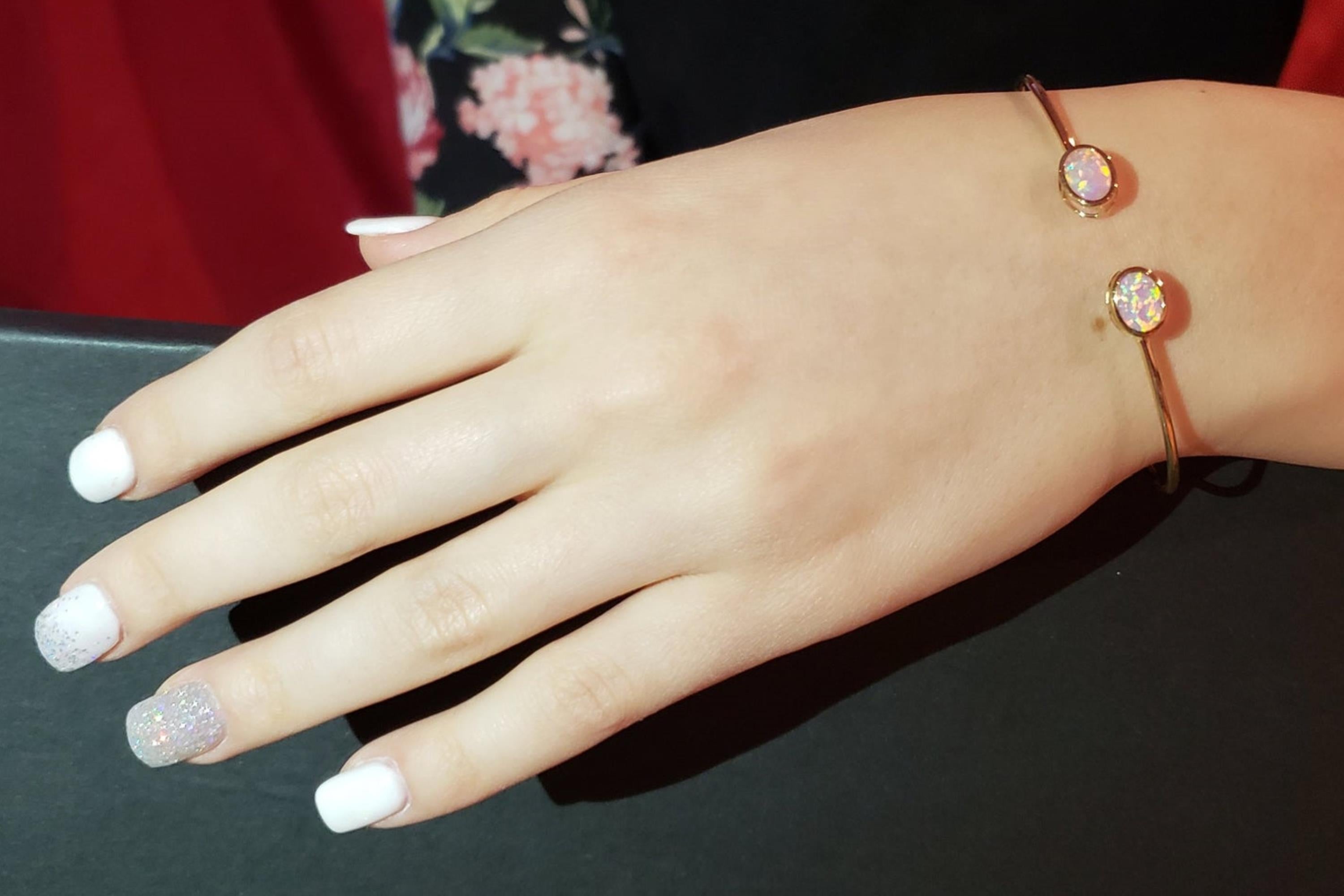 14Kt Gold Pink Opal Oval Bezel Bangle Bracelet
