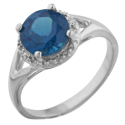 14Kt Gold 2 Ct London Blue Topaz & Diamond Halo Design Round Ring