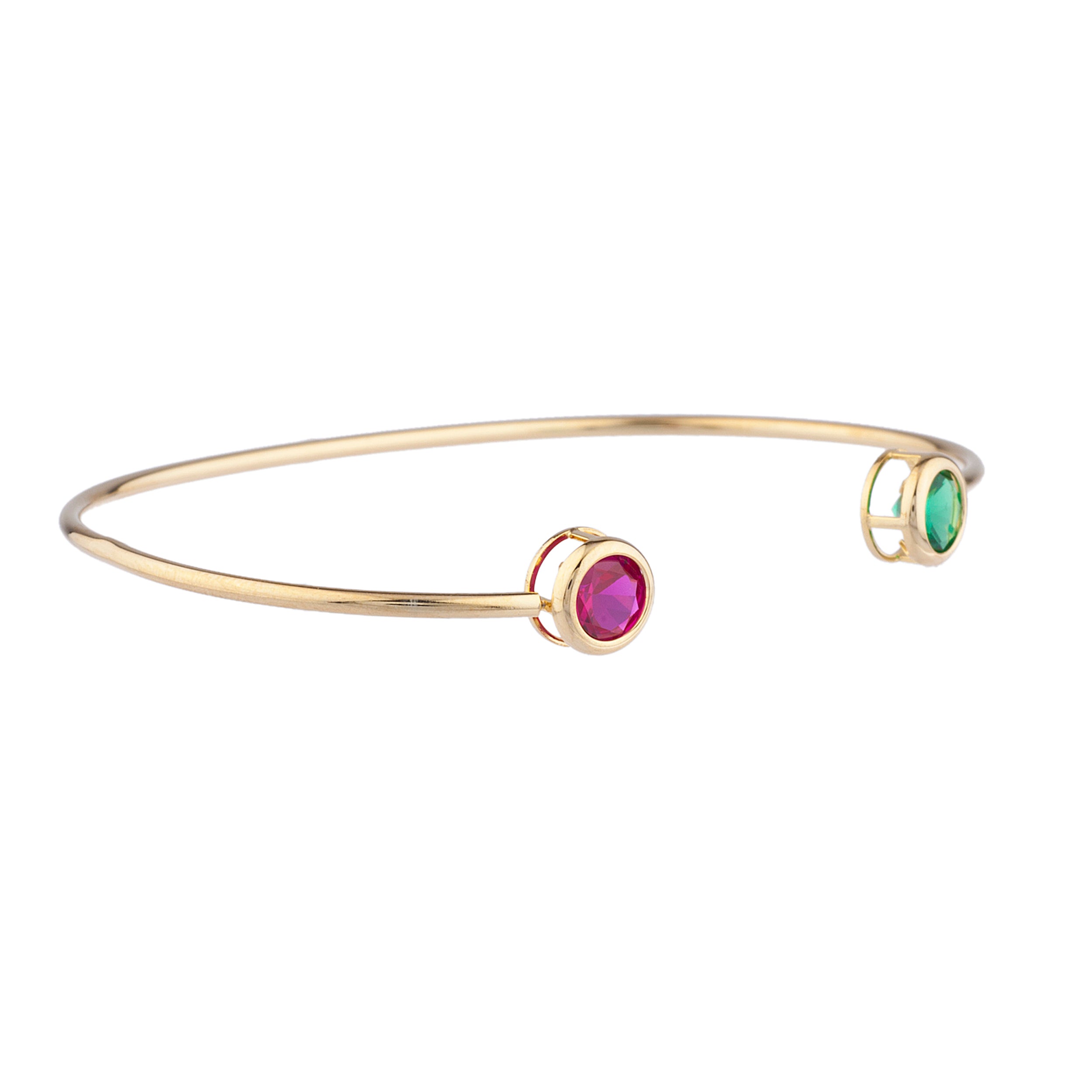 14Kt Gold Created Ruby & Emerald Round Bezel Bangle Bracelet