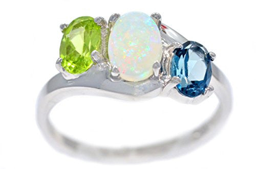 Genuine Opal Peridot & London Blue Topaz Oval Ring .925 Sterling Silver Rhodium Finish