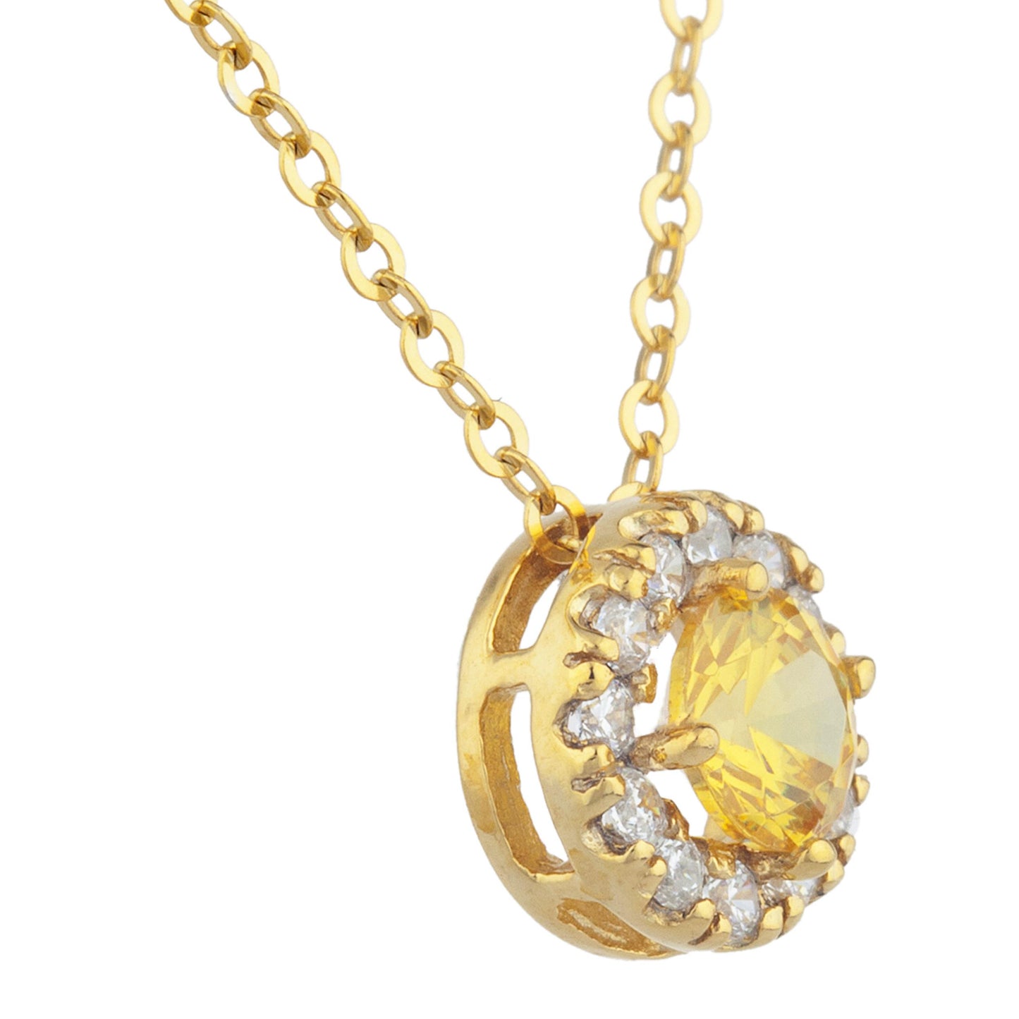 14Kt Gold 0.50 Ct Yellow Citrine Halo Design Pendant Necklace