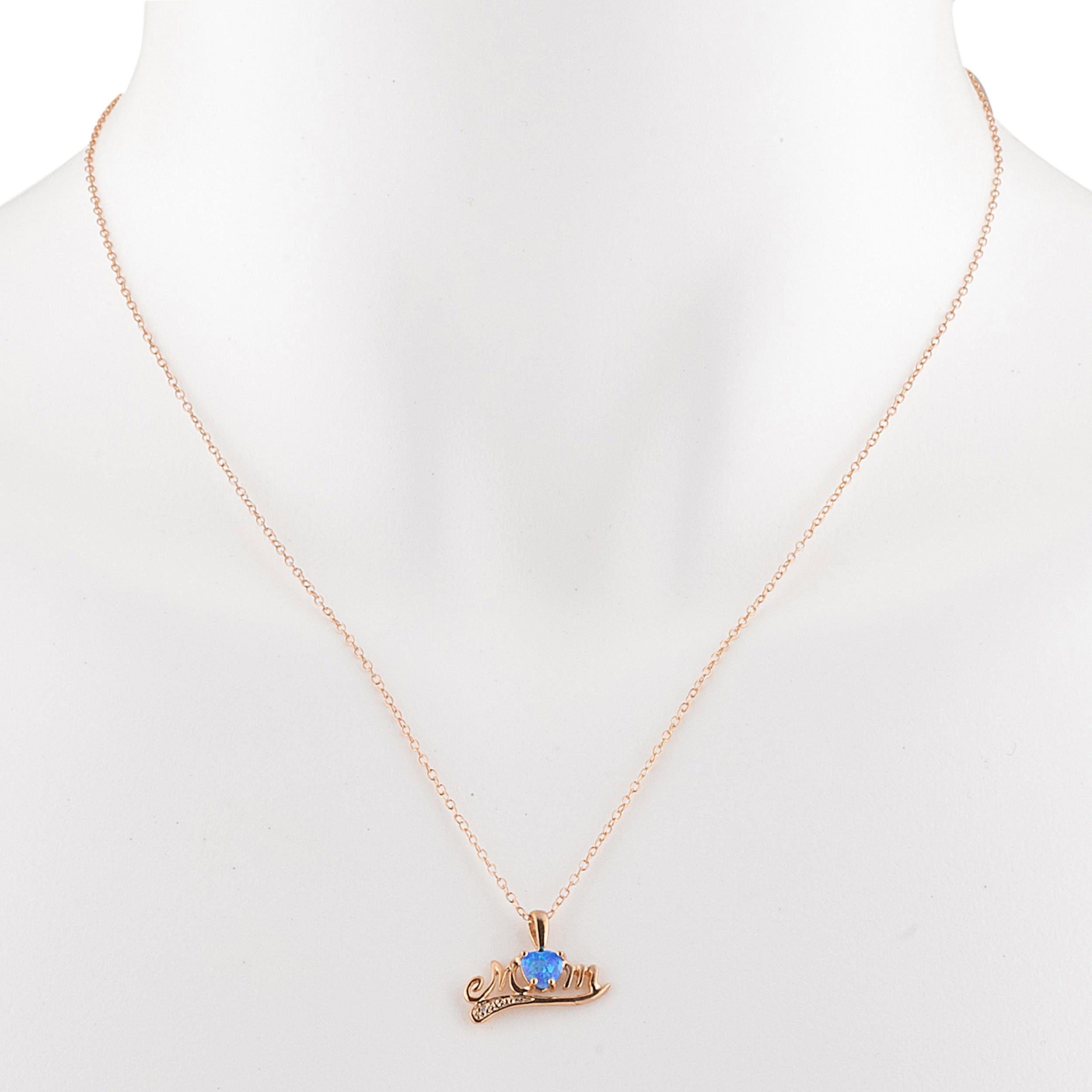 14Kt Gold Blue Opal & Diamond Heart Mom Pendant Necklace