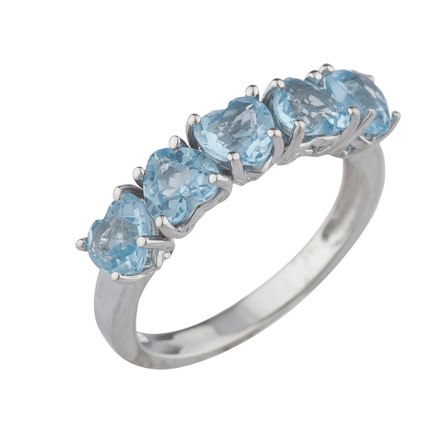 5 Hearts Aquamarine Heart Ring .925 Sterling Silver Rhodium Finish