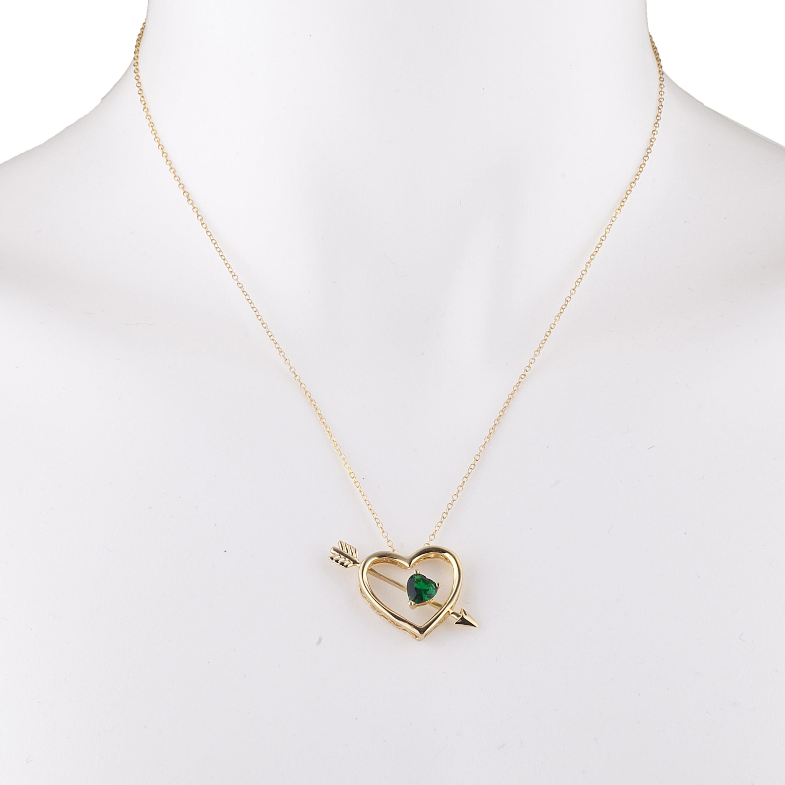 14Kt Gold Emerald Heart Bow & Arrow Pendant Necklace