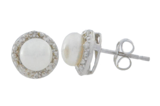 Natural White Freshwater Pearl & Diamond Round Stud Earrings 14Kt White Gold