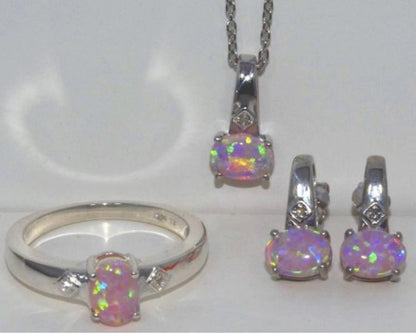 7x5mm Pink Opal Oval Diamond Stud Earrings Pendant Ring Set .925 Sterling Silver Rhodium Finish