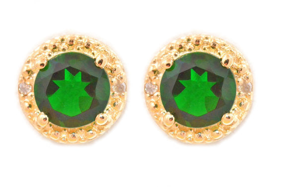 14Kt Yellow Gold Emerald & Diamond Round Stud Earrings