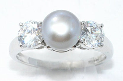 8mm Gray Freshwater Pearl & White Topaz Ring .925 Sterling Silver Rhodium Finish