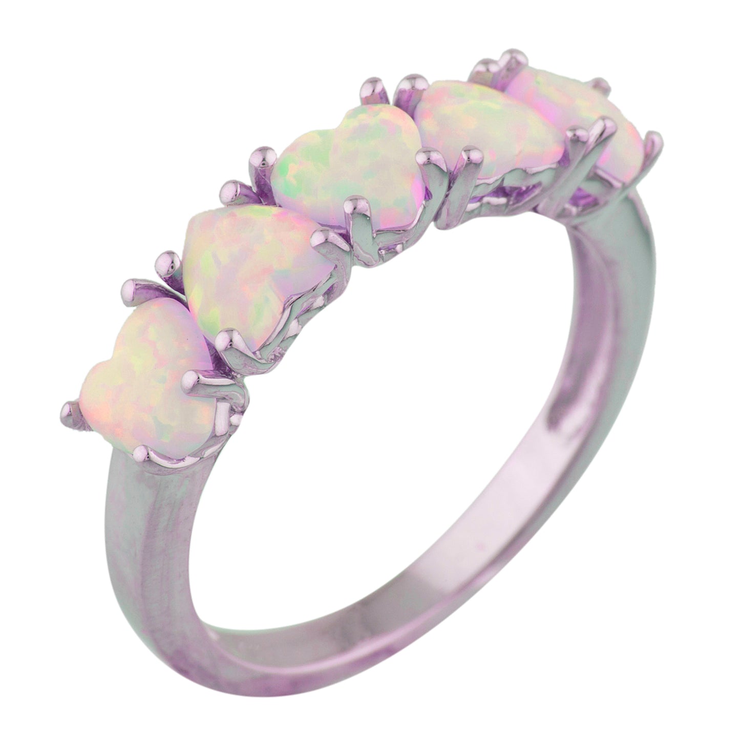 5 Hearts Pink Opal Heart Ring .925 Sterling Silver Rhodium Finish