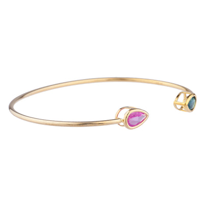 Pink Sapphire & London Blue Topaz Pear Bezel Bangle Bracelet 14Kt Yellow Gold Plated Over .925 Sterling Silver