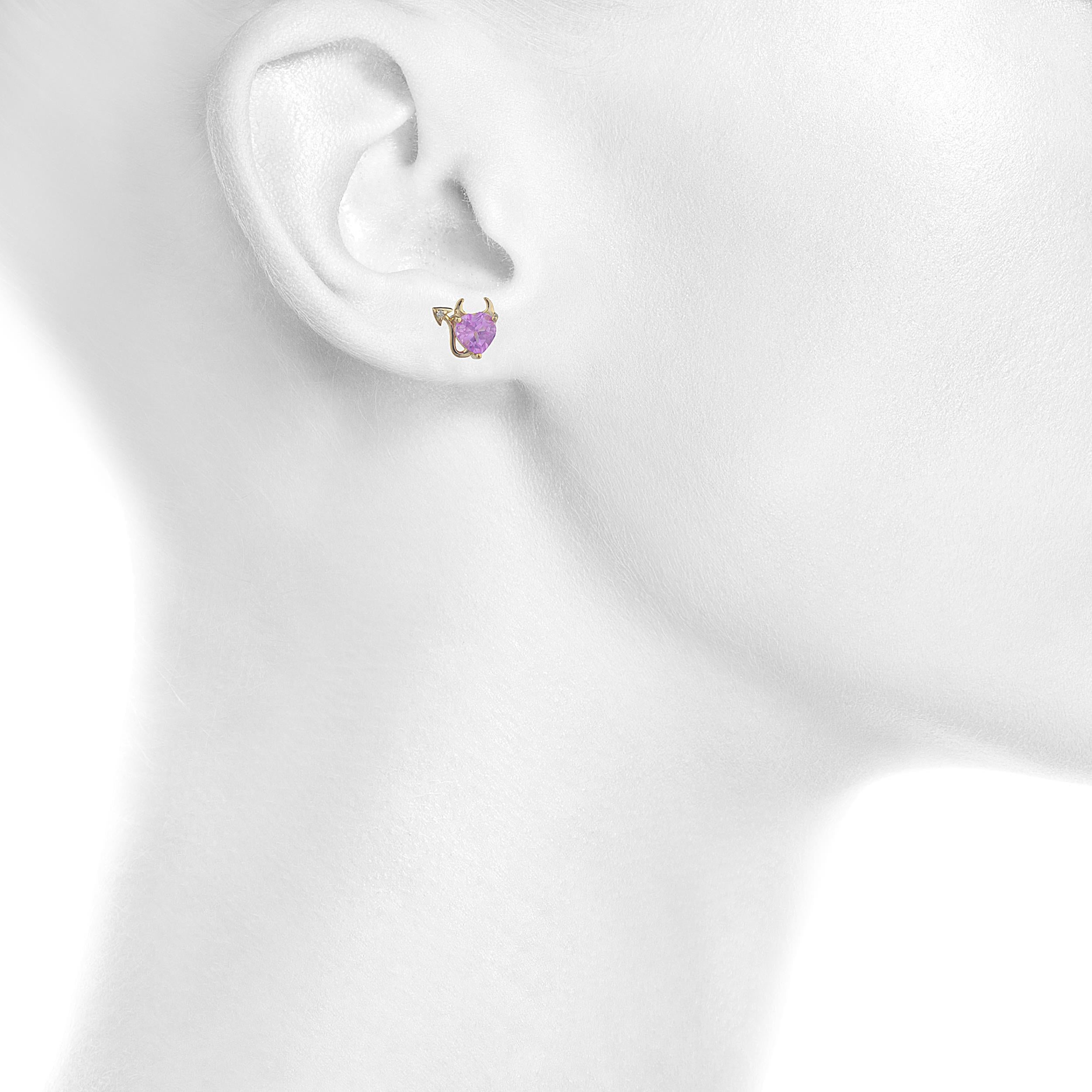 14Kt Gold Pink Sapphire & Diamond Devil Heart Stud Earrings