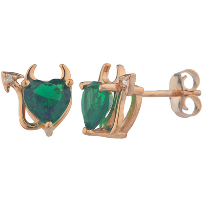 14Kt Gold Emerald & Diamond Devil Heart Stud Earrings