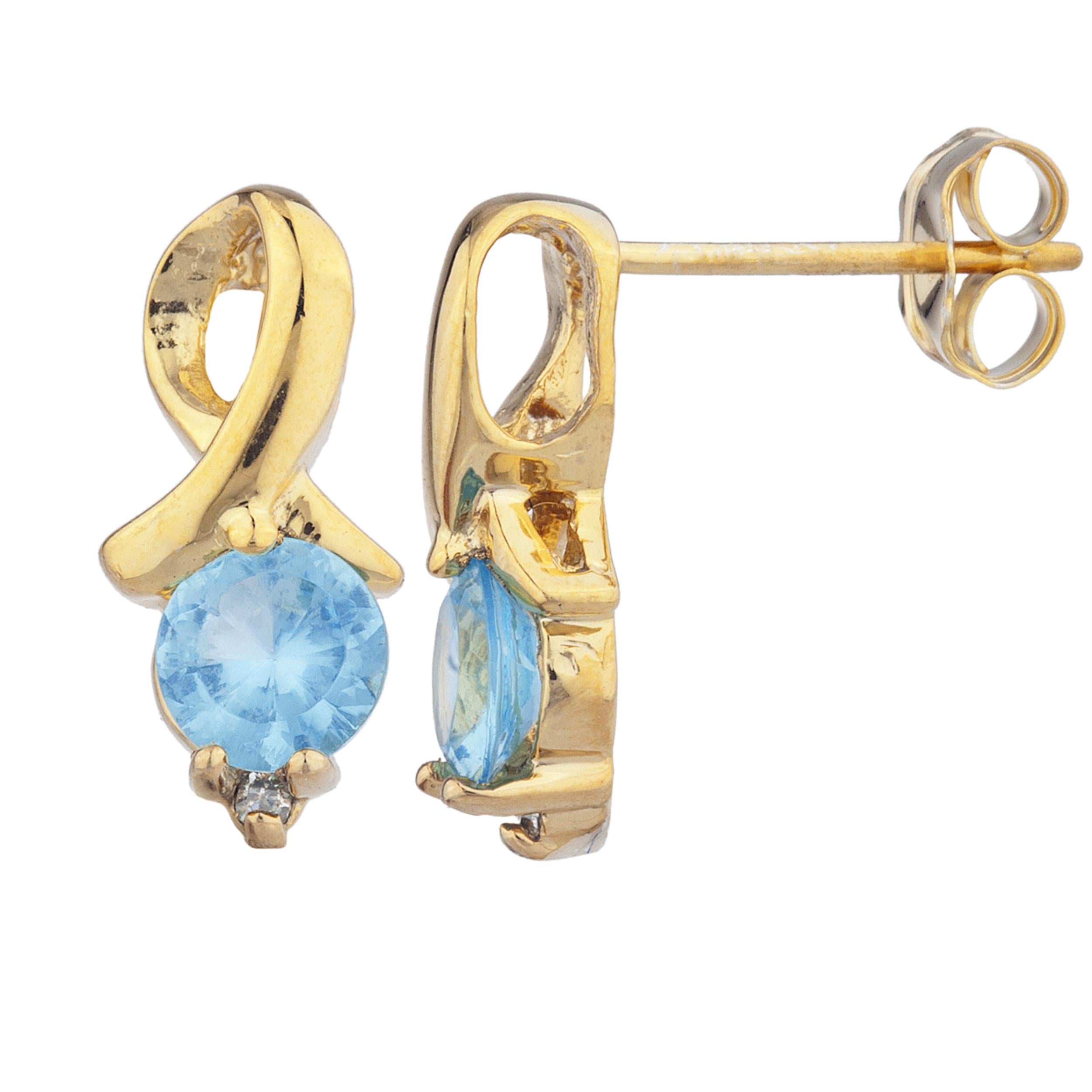 14Kt Gold Blue Topaz & Diamond Round Design Stud Earrings