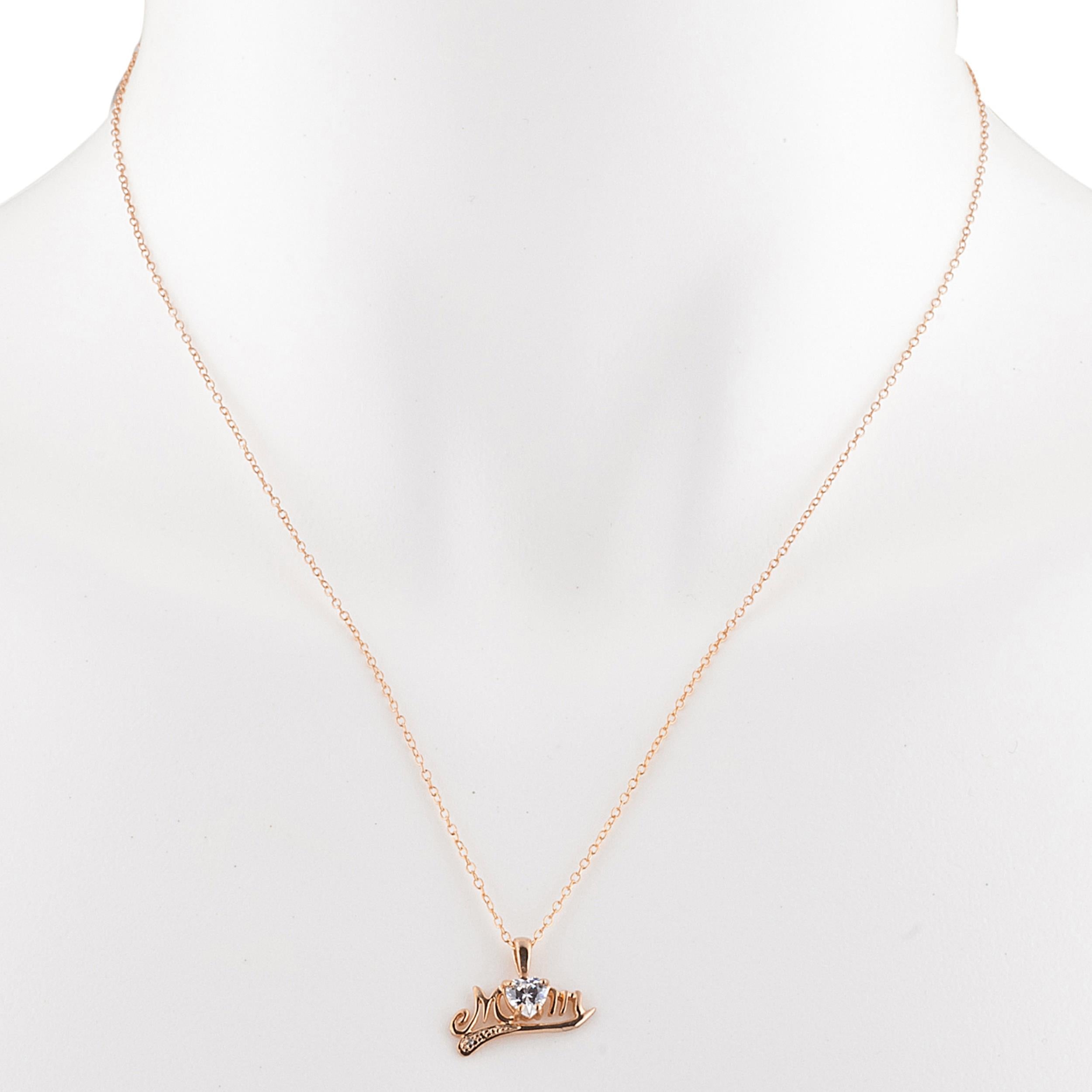 14Kt Gold Zirconia & Diamond Heart Mom Pendant Necklace