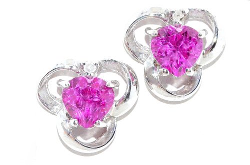 1 Ct Pink Sapphire Heart Diamond Stud Earrings .925 Sterling Silver