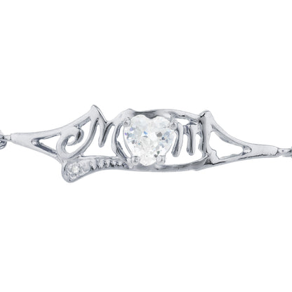 White Sapphire & Diamond Heart Mom Bracelet .925 Sterling Silver