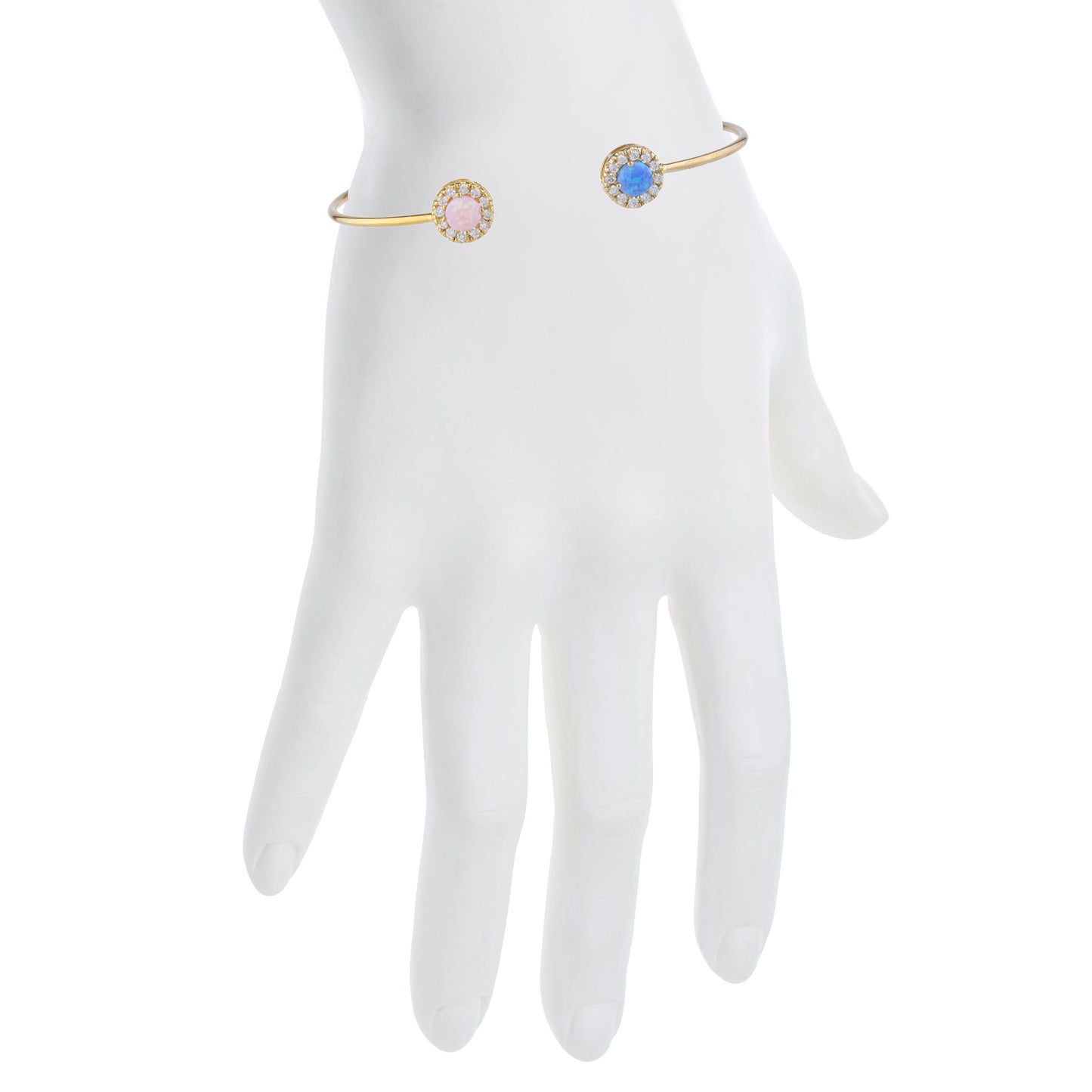 14Kt Gold Blue & Pink Opal Halo Design Bangle Bracelet