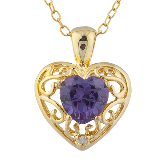 14Kt Yellow Gold Plated Alexandrite & Diamond Love Design Heart Pendant