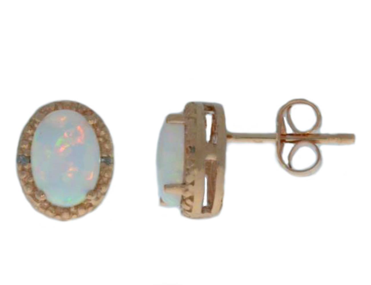 14Kt Rose Gold Genuine Opal & Diamond Oval Stud Earrings