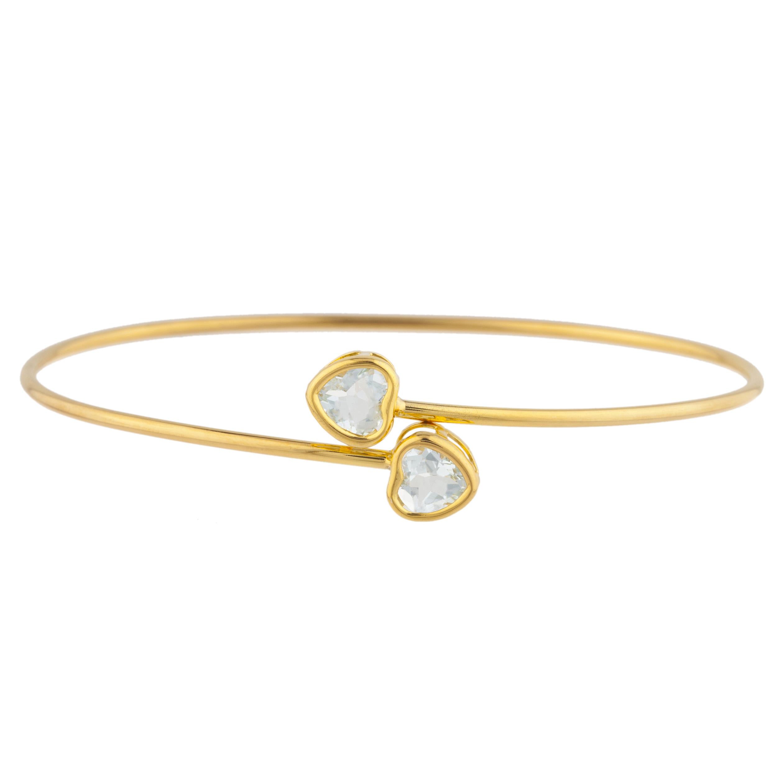 14Kt Gold Genuine Aquamarine Heart Bezel Bangle Bracelet