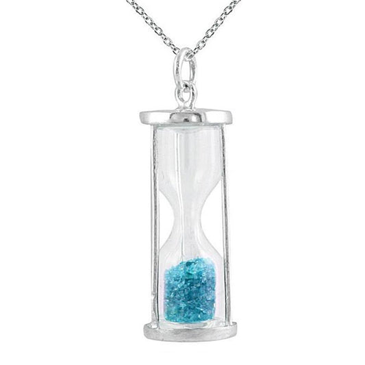 Natural Blue Topaz 0.75 Ct 'Time in Bottle' Dust Hourglass Pendant .925 Sterling Silver